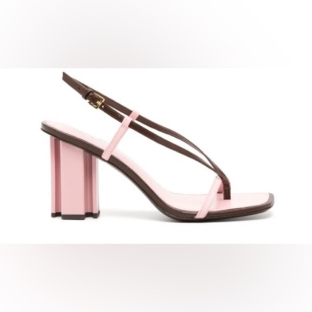 Tory Burch Pink and Brown T Stamp Heeled Leather Sandals 85MM